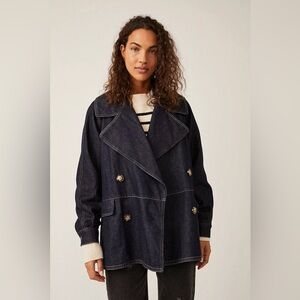 Free People Denim Car Coat Jacket Oversized Size Large EUC